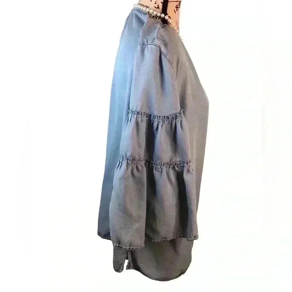 J Jill Denim Chambray Blouse XL Double Bell Sleeves Button Back 3/4 sleeves - Picture 3 of 5